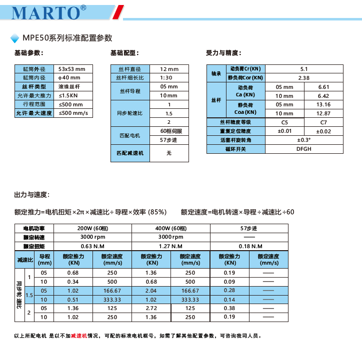 MPE50電動缸標準配置參數(shù)